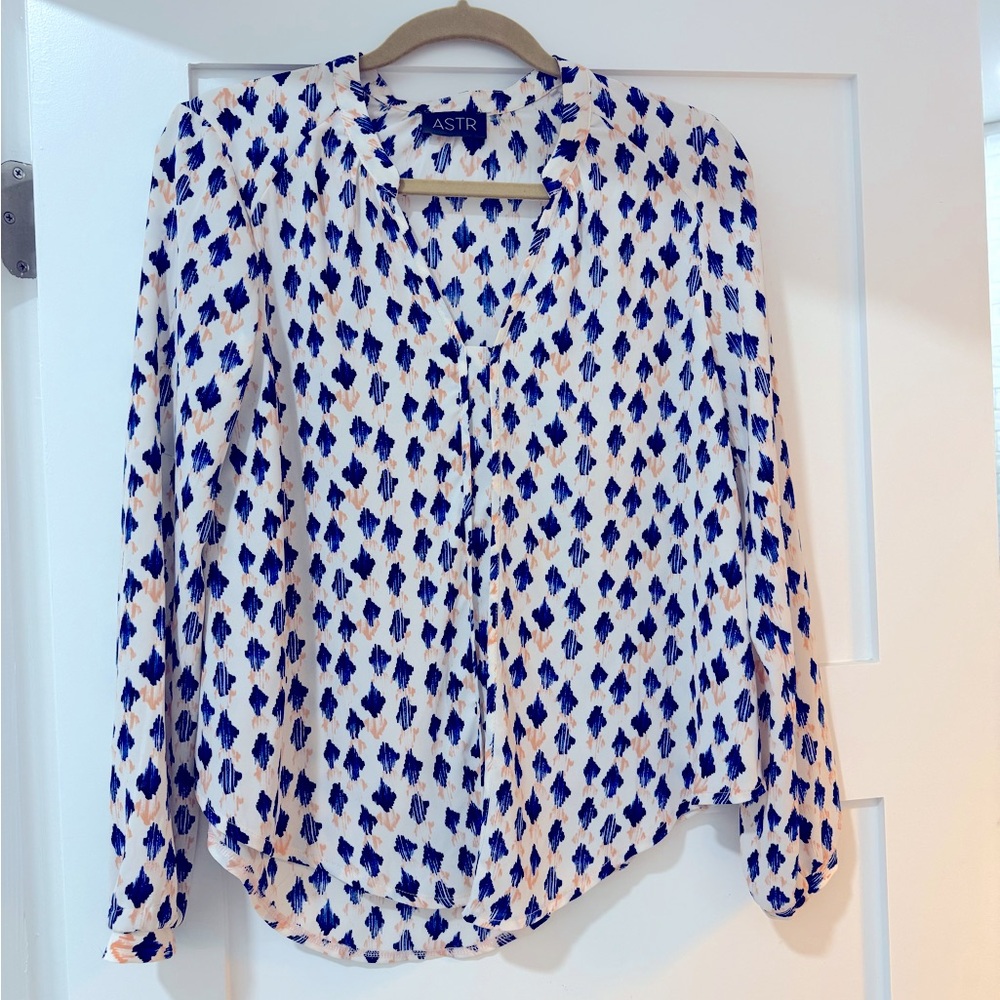 Astr blue pink and white pattern long sleeve top, small, like new